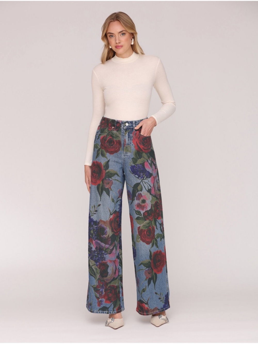 Avec Les Filles Floral Wide-Leg Jeans in Denim with Red & Green Blooms